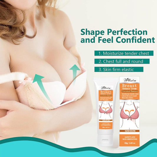 Breast Enhancement Cream with packaging featuring coconut essence benefits.